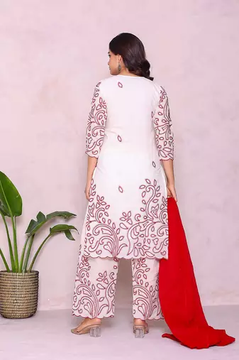 Ethnic motifs embroidered pure cotton kurta with palazzos & dupatta