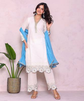 Women solid cotton thread work kurta with trousers & dupatta 1