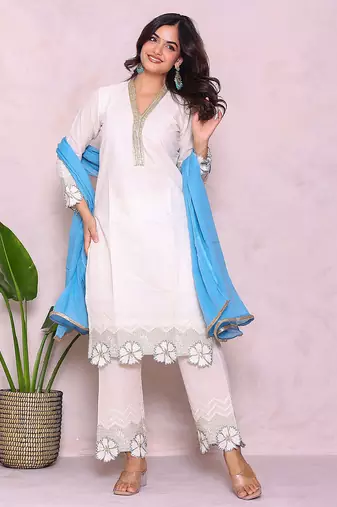Women solid cotton thread work kurta with trousers & dupatta