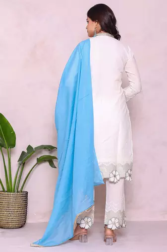 Women solid cotton thread work kurta with trousers & dupatta