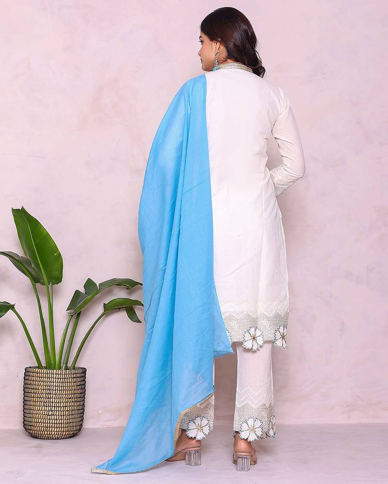 Women solid cotton thread work kurta with trousers & dupatta