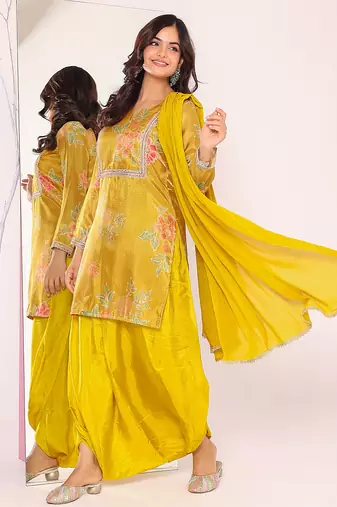 Women floral printed regular thread work kurta with patiala & dupatta