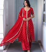 Women solid cotton thread work kurta with trousers & dupatta