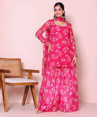 Floral printed round neck kurta with sharara and dupatta 1
