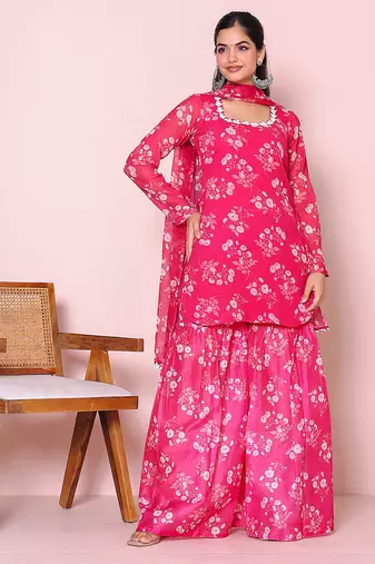 Floral printed round neck kurta with sharara and dupatta