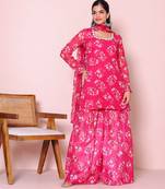 Floral printed round neck kurta with sharara and dupatta