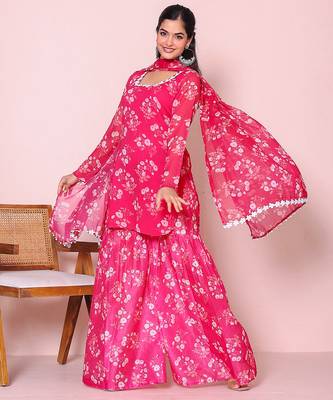 Floral printed round neck kurta with sharara and dupatta 2