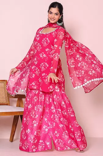 Floral printed round neck kurta with sharara and dupatta