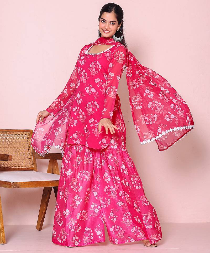 Floral printed round neck kurta with sharara and dupatta