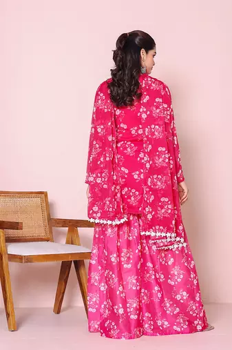 Floral printed round neck kurta with sharara and dupatta