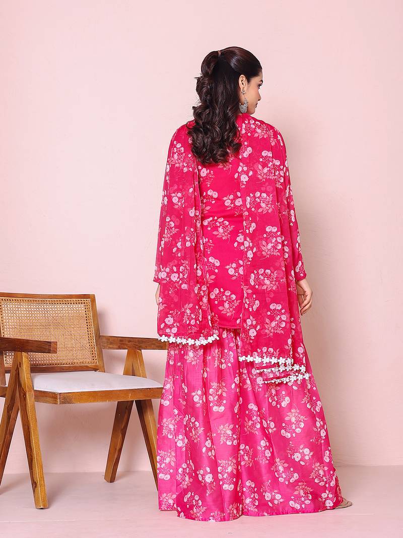 Floral printed round neck kurta with sharara and dupatta