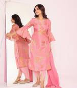 Women floral printed bell sleeves kurta dhoti pants with dupatta set