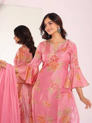 Women floral printed bell sleeves kurta dhoti pants with dupatta set 2