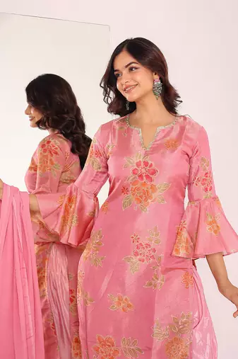 Women floral printed bell sleeves kurta dhoti pants with dupatta set