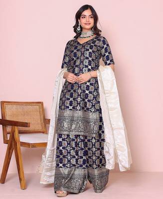 Women ethnic motifs woven design kurta with sharara & dupatta 1