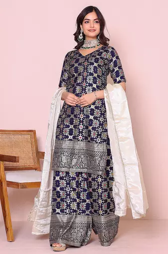 Women ethnic motifs woven design kurta with sharara & dupatta