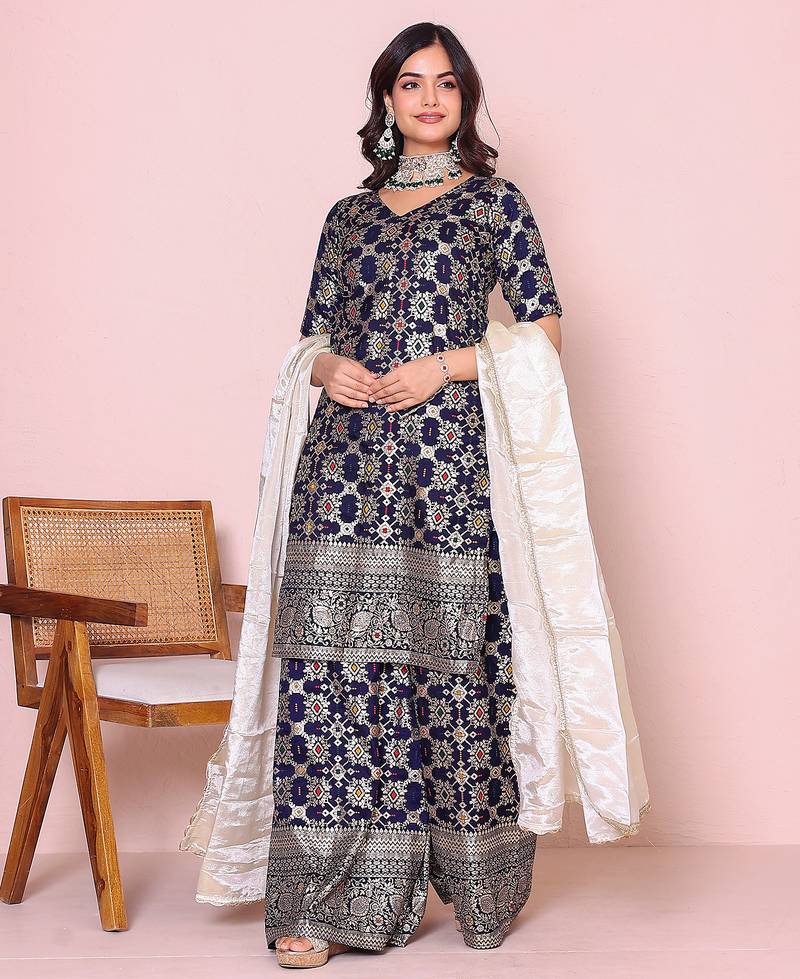 Women ethnic motifs woven design kurta with sharara & dupatta