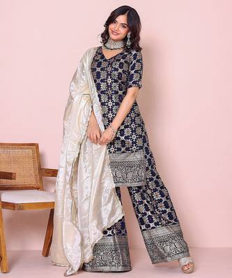 Women ethnic motifs woven design kurta with sharara & dupatta 2