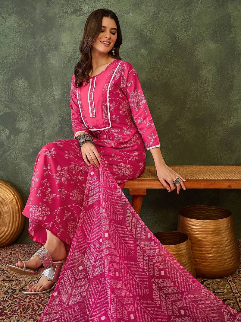 Women rani pink printed kurta set with dupatta