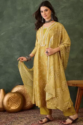 yellow ethnic printed kurta pant set