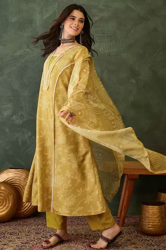 yellow ethnic printed kurta pant set