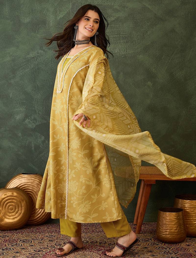 women's yellow ethnic printed kurta pant set