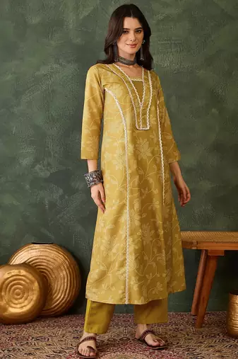 yellow ethnic printed kurta pant set