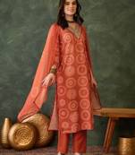 Women rust orange printed kurta set with dupatta