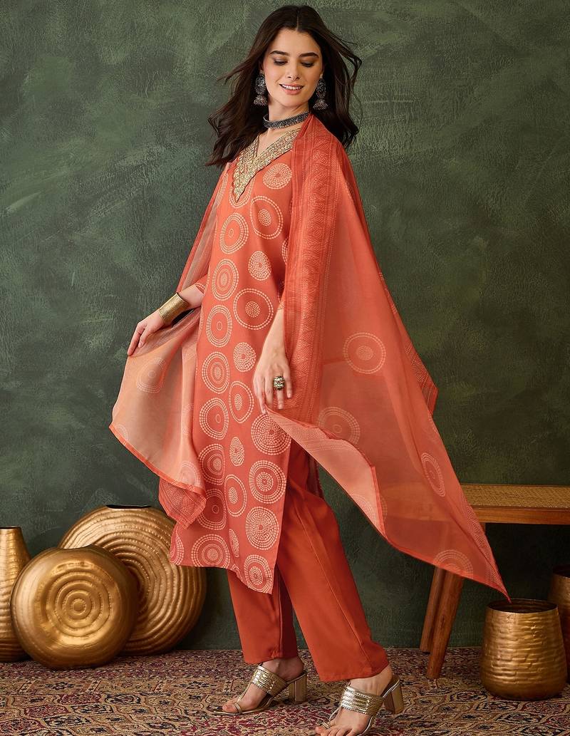 Women rust orange printed kurta set with dupatta