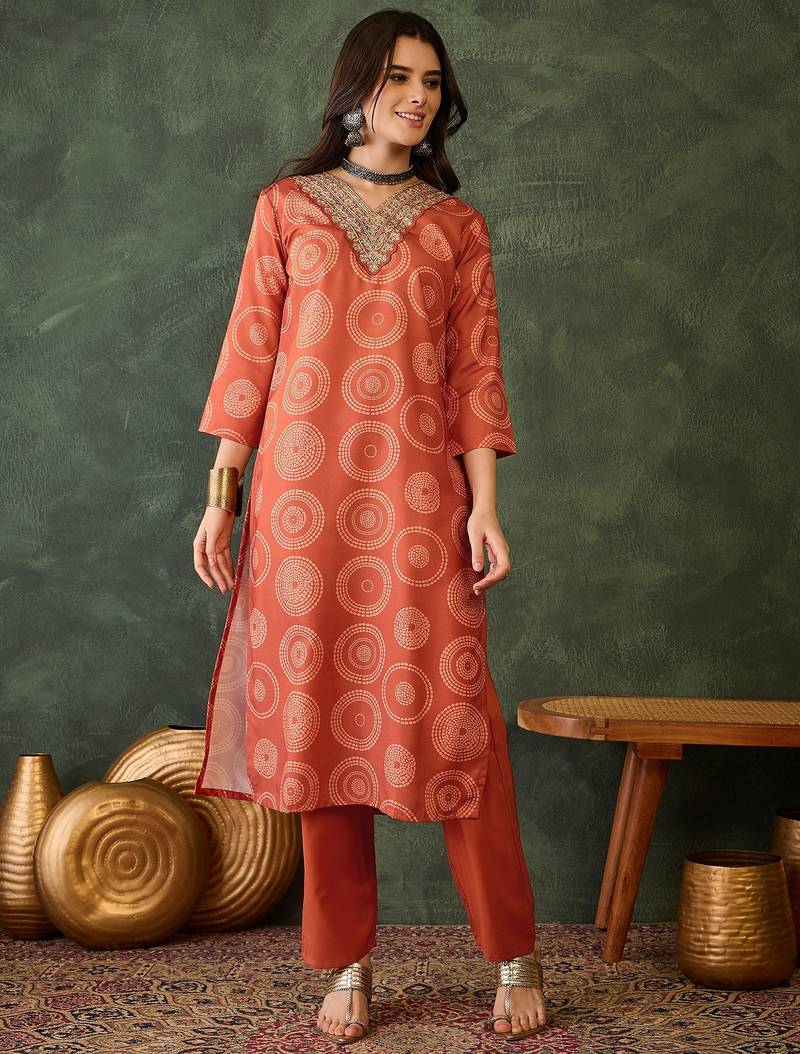 Women rust orange printed kurta set with dupatta