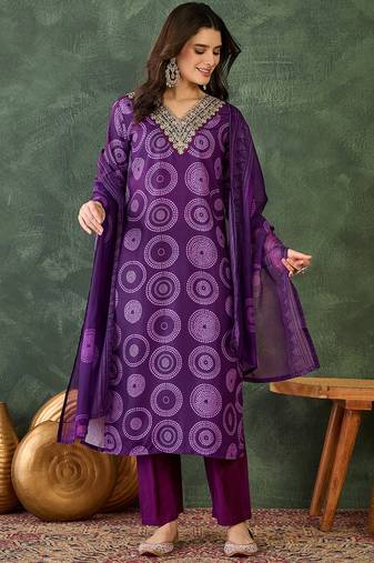 Women purple printed kurta set with dupatta
