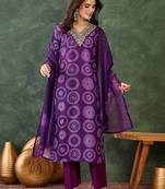 Women purple printed kurta set with dupatta