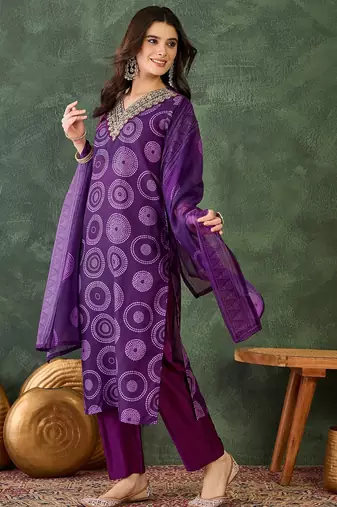 Women purple printed kurta set with dupatta