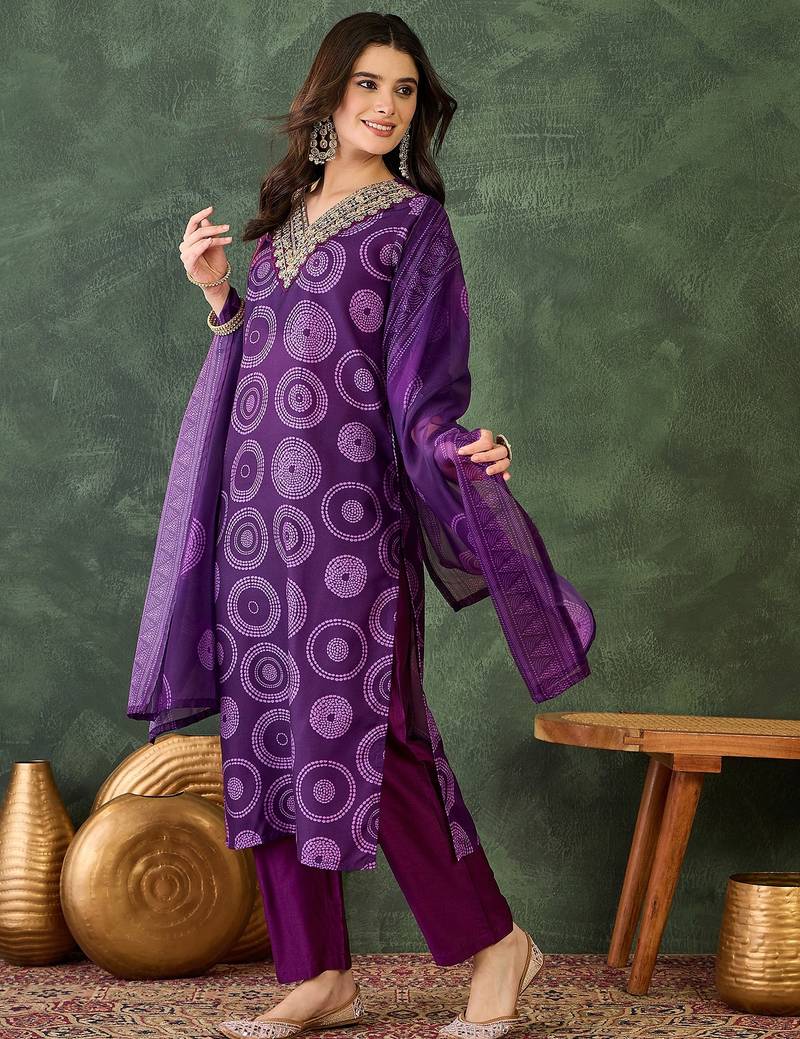 Women purple printed kurta set with dupatta