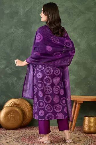 Women purple printed kurta set with dupatta