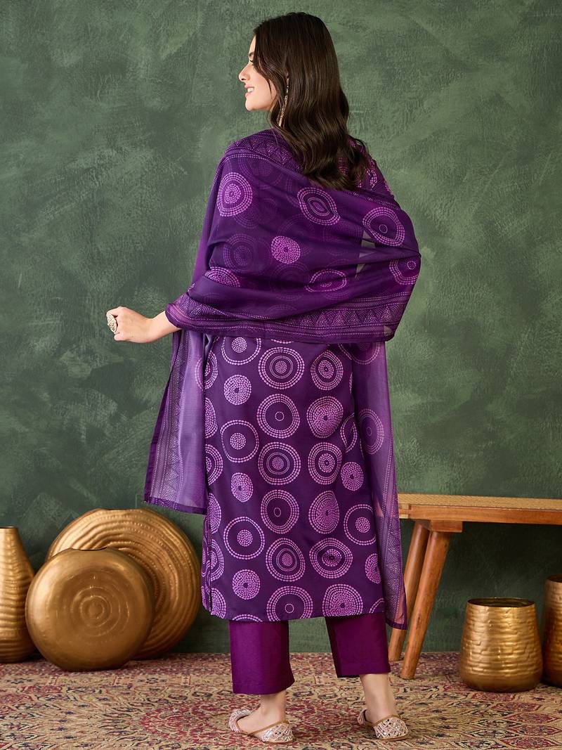 Women purple printed kurta set with dupatta
