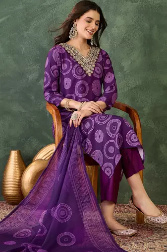 Women purple printed kurta set with dupatta