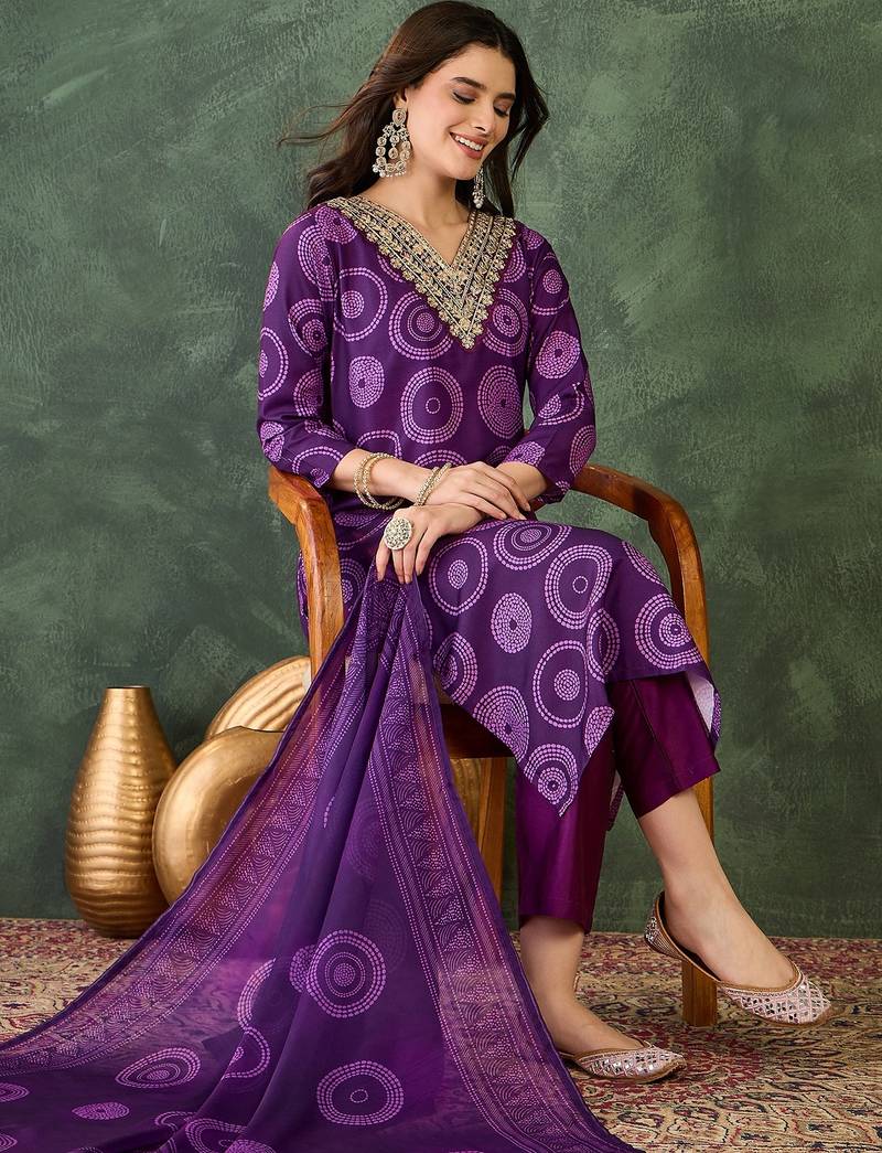 Women purple printed kurta set with dupatta