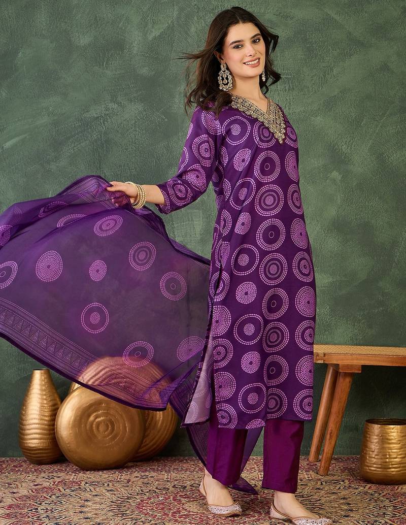 Women purple printed kurta set with dupatta