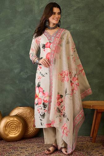 Women cream floral printed kurta set with printed dupatta