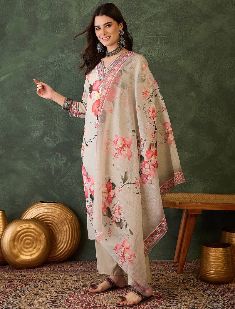 Women cream floral printed kurta set with printed dupatta