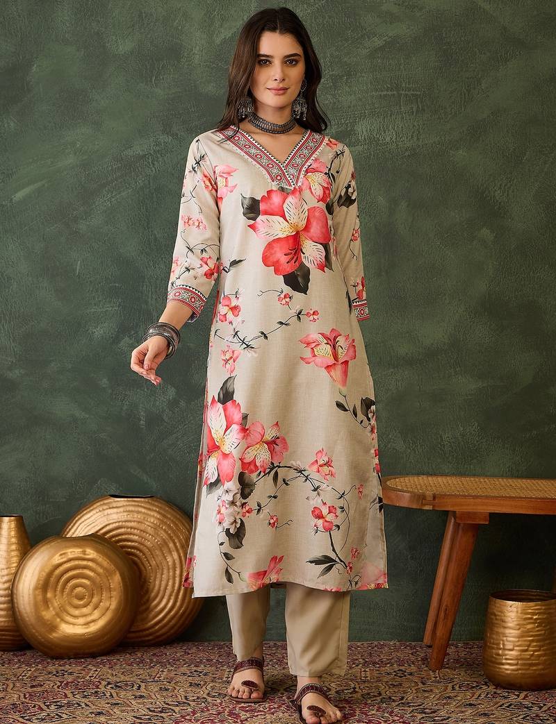 Women cream floral printed kurta set with printed dupatta