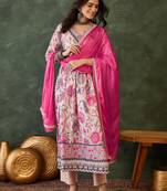 Women cream floral printed kurta set with dupatta