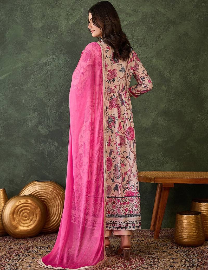 Women cream floral printed kurta set with dupatta