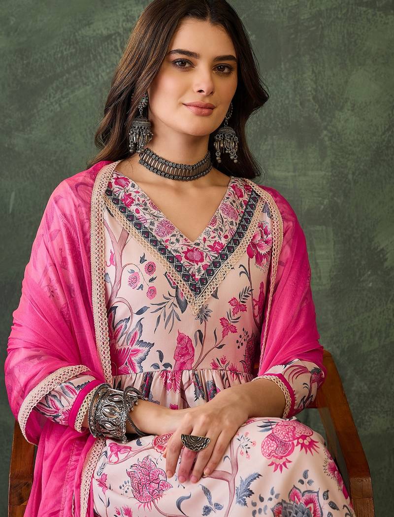 Women cream floral printed kurta set with dupatta