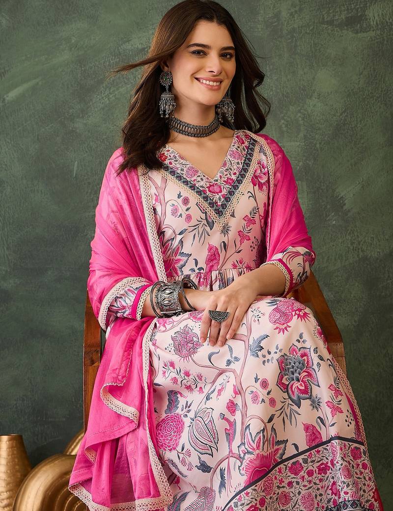 Women cream floral printed kurta set with dupatta