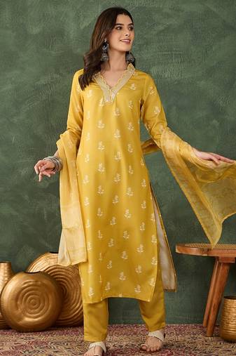 Yellow all-over print kurta pant set for women