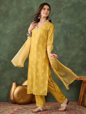 Yellow all-over print kurta pant set for women 2