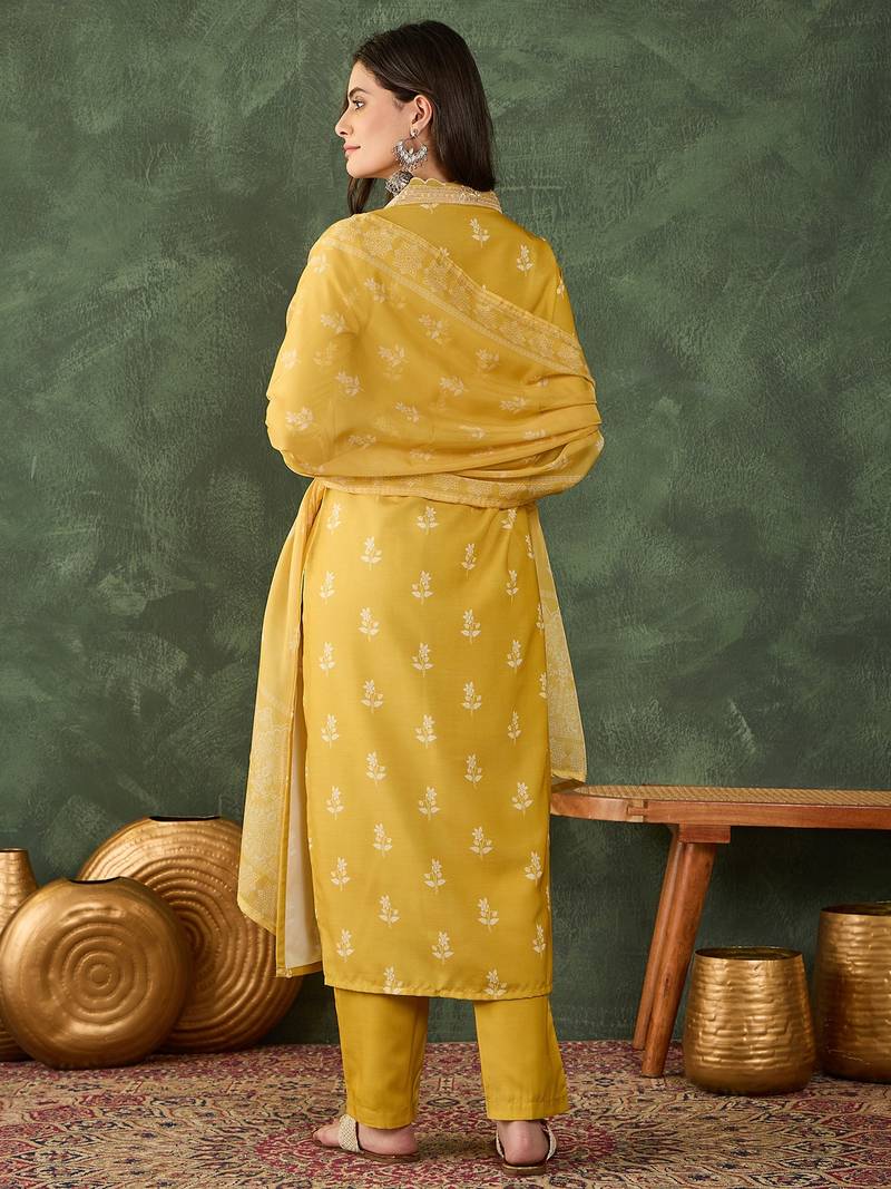 Yellow all-over print kurta pant set for women