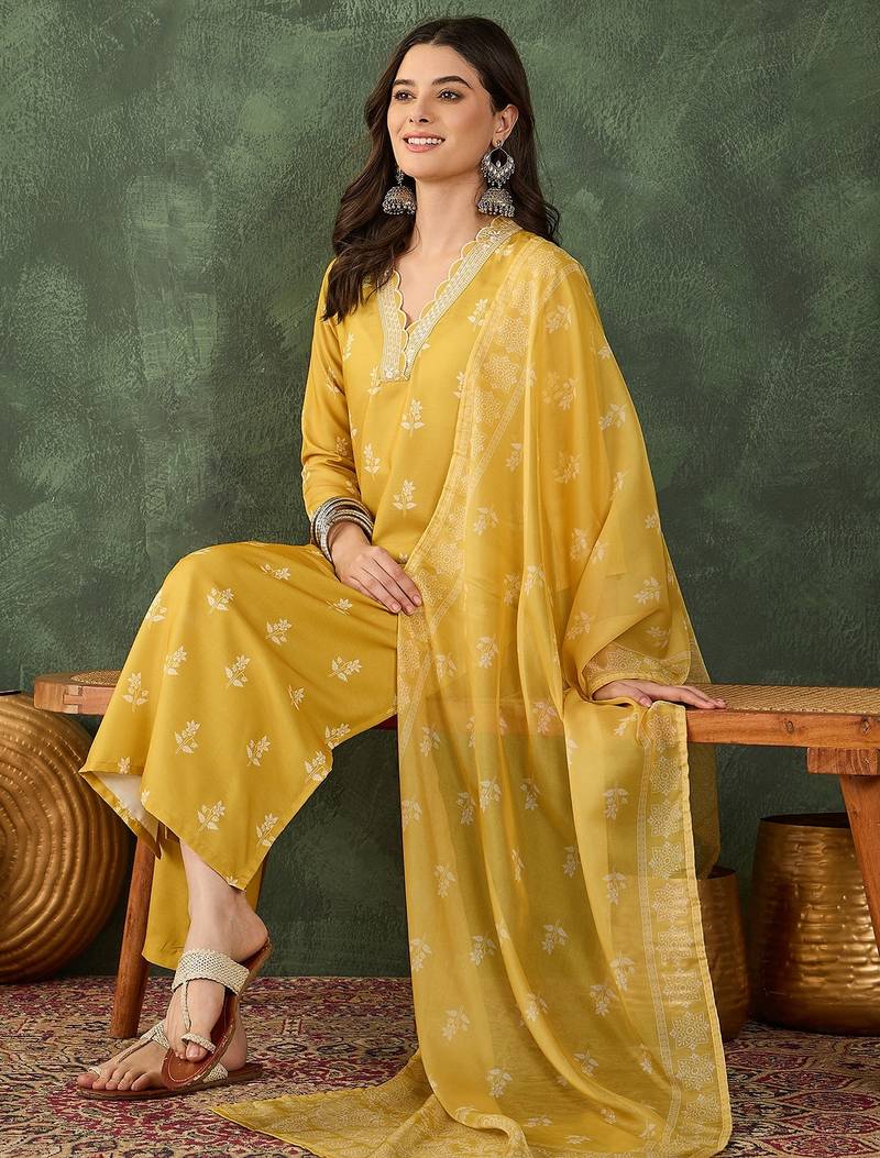 Yellow all-over print kurta pant set for women